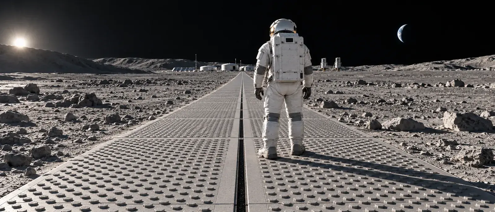 Concept render: an astronaut standing on a lunar road, looking toward the base