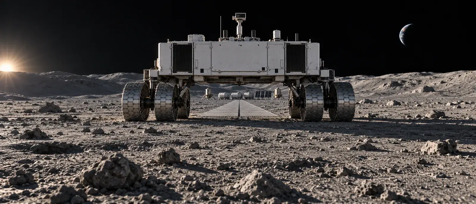 Concept render: an autonomous road-building machine at the leading edge of a new road, with the lunar base behind it