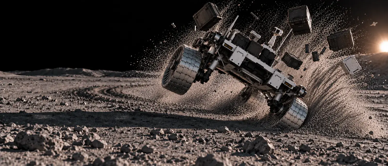 Concept render: a rover on bare regolith losing control in a turn, tipping and throwing dust and cargo