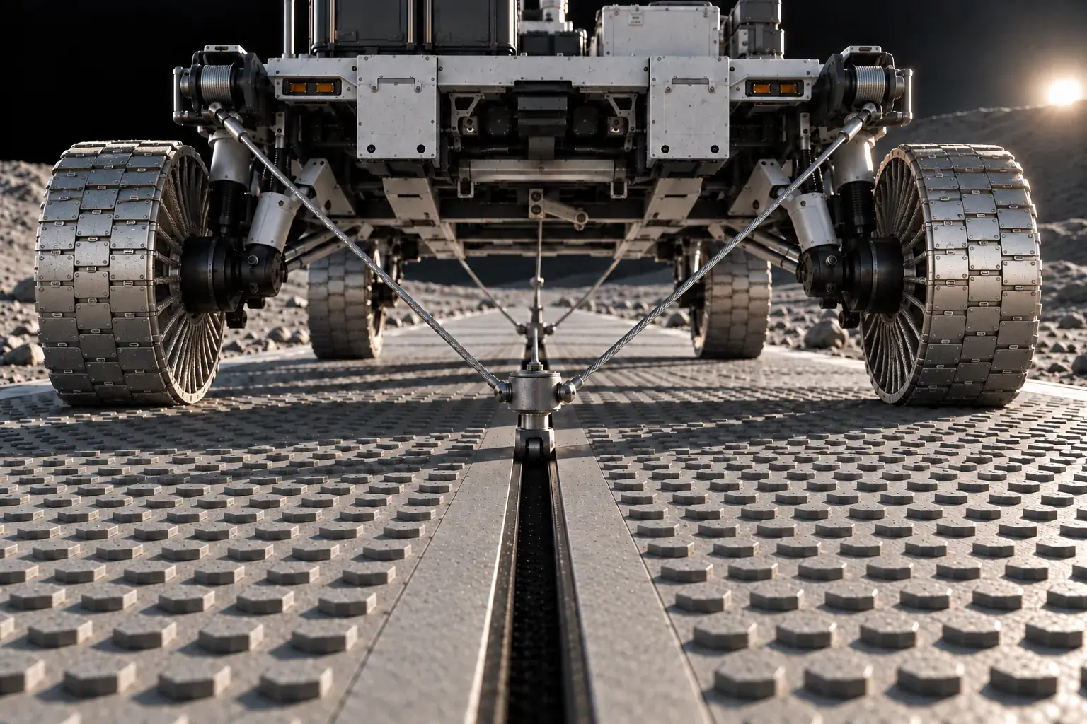 Concept render: a lunar rover held to the road surface