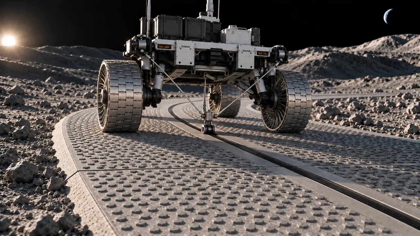 Concept render: a lunar rover rounding a curve on a paved lunar road, Earth on the horizon