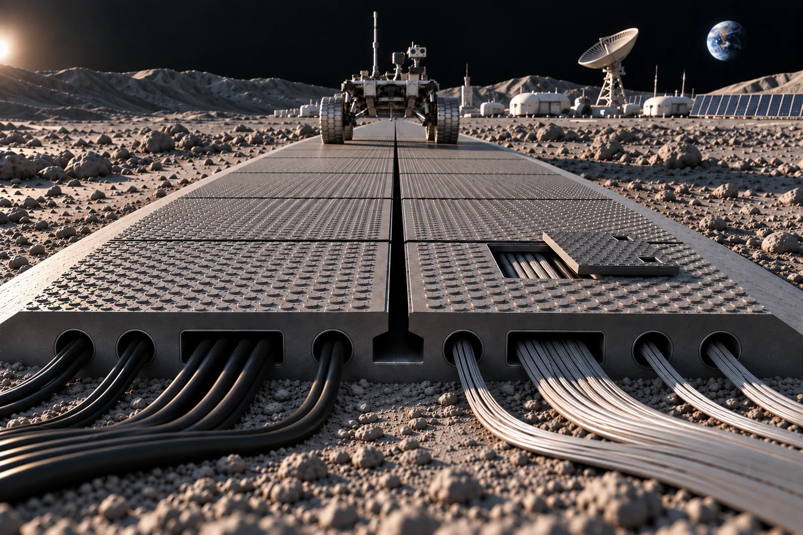 Concept render: a cut through a lunar road showing power and communication lines running inside it, with a base on the horizon